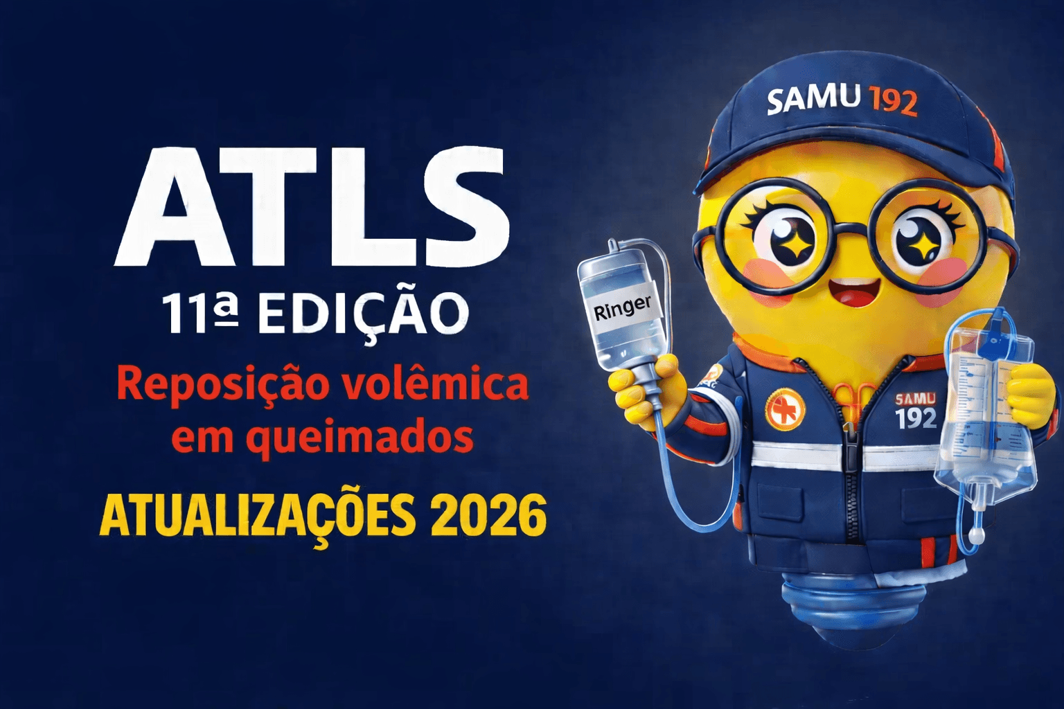 Banner digital com fundo azul escuro em degradê. À esquerda, em letras grandes brancas, está escrito “ATLS” e logo abaixo “11ª EDIÇÃO”. Abaixo do título, em letras vermelhas, aparece o texto “Reposição volêmica em queimados”. Na parte inferior, em amarelo, está escrito “ATUALIZAÇÕES 2026”.  À direita, há um mascote ilustrado em formato de lâmpada com expressão sorridente, olhos grandes e óculos redondos. Ele veste uniforme azul do SAMU com boné escrito “SAMU 192”. Em uma das mãos segura um frasco de solução intravenosa rotulado “Ringer”, conectado a um equipo, e na outra segura um dispositivo transparente semelhante a um coletor graduado usado para monitorar o débito urinário. O estilo da imagem é colorido, tridimensional e com aparência de personagem animado.