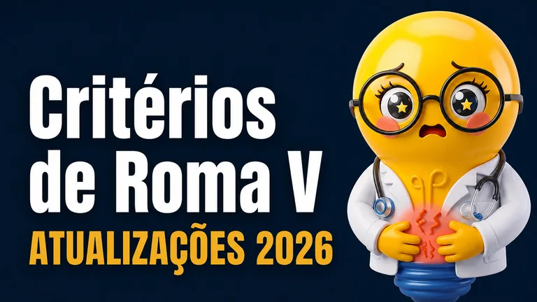 Banner digital em estilo moderno com fundo azul-escuro em degradê. À esquerda, em letras grandes brancas, está escrito “Critérios de Roma V”. Logo abaixo, em amarelo vibrante, aparece “ATUALIZAÇÕES 2026”.  À direita, há uma personagem em formato de lâmpada amarela com expressão de dor, usando óculos redondos grandes, jaleco médico branco e estetoscópio. A personagem segura a barriga com as duas mãos, enquanto uma área avermelhada iluminada no abdome simboliza dor abdominal. Pequenas linhas onduladas vermelhas reforçam a sensação de desconforto gastrointestinal.  