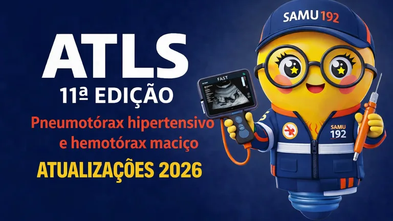 Banner digital com fundo azul escuro. À esquerda, em letras grandes brancas, está escrito “ATLS” e abaixo “11ª EDIÇÃO”. Logo abaixo, em vermelho, aparece o texto “Pneumotórax hipertensivo e hemotórax maciço”, e na parte inferior, em amarelo, “ATUALIZAÇÕES 2026”.  À direita, há um mascote em formato de lâmpada com expressão alegre, olhos grandes e óculos redondos, vestindo uniforme azul do SAMU com boné “SAMU 192”. Em uma das mãos, ele segura um aparelho portátil de ultrassom com a palavra “FAST” na tela; na outra, segura uma agulha de descompressão. O estilo é ilustrado, colorido e tridimensional.