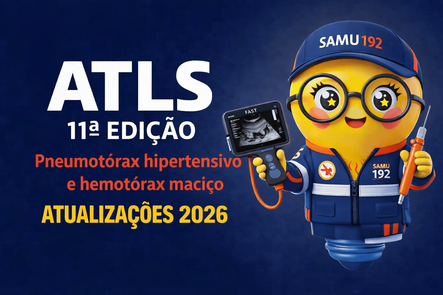 Banner digital com fundo azul escuro. À esquerda, em letras grandes brancas, está escrito “ATLS” e abaixo “11ª EDIÇÃO”. Logo abaixo, em vermelho, aparece o texto “Pneumotórax hipertensivo e hemotórax maciço”, e na parte inferior, em amarelo, “ATUALIZAÇÕES 2026”.  À direita, há um mascote em formato de lâmpada com expressão alegre, olhos grandes e óculos redondos, vestindo uniforme azul do SAMU com boné “SAMU 192”. Em uma das mãos, ele segura um aparelho portátil de ultrassom com a palavra “FAST” na tela; na outra, segura uma agulha de descompressão. O estilo é ilustrado, colorido e tridimensional.