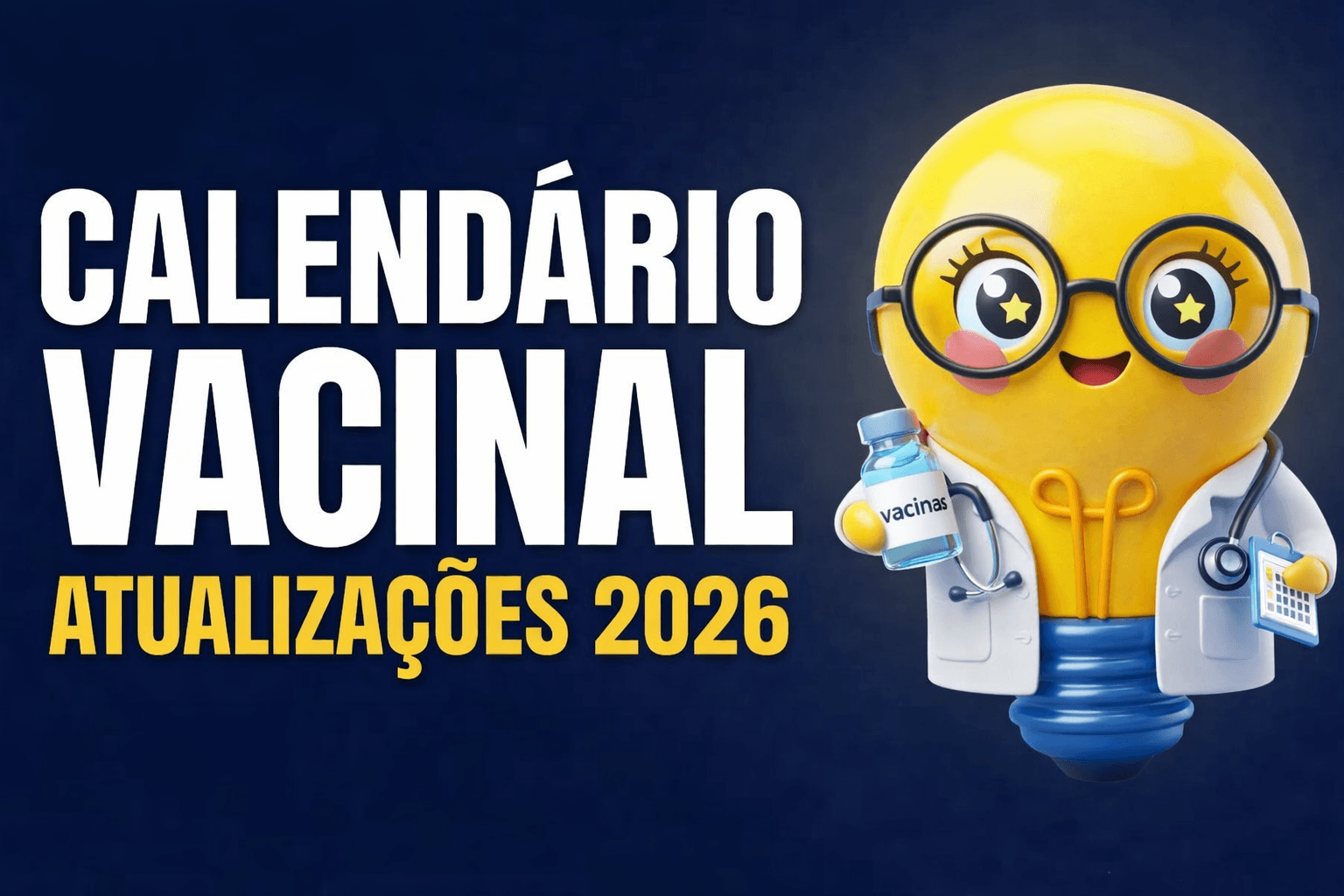 Imagem promocional com fundo azul escuro contendo, à esquerda, o texto em destaque “CALENDÁRIO VACINAL” em letras brancas grandes e, abaixo, “ATUALIZAÇÕES 2026” em amarelo. À direita, há uma ilustração de uma lâmpada antropomorfizada caracterizada como médica, com óculos redondos, bochechas rosadas e expressão sorridente. Ela veste jaleco branco com estetoscópio no pescoço, segura um frasco escrito “vacinas” em uma das mãos e um pequeno calendário na outra. 