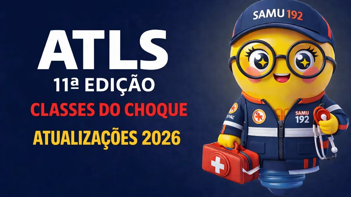 Banner digital com fundo azul escuro. À esquerda, em letras grandes brancas, está escrito “ATLS” e, abaixo, “11ª EDIÇÃO”. Logo abaixo, a frase “CLASSES DO CHOQUE” aparece em vermelho, e “ATUALIZAÇÕES 2026” em amarelo.  À direita, há um personagem em formato de lâmpada, com expressão alegre, usando óculos redondos e boné azul com a inscrição “SAMU 192”. Ele veste uniforme azul de atendimento de emergência com faixas refletivas e símbolo de cruz vermelha no braço. O personagem segura uma maleta vermelha de primeiros socorros com cruz branca e um estetoscópio. A composição tem estilo ilustrado, colorido e de aparência tridimensional.