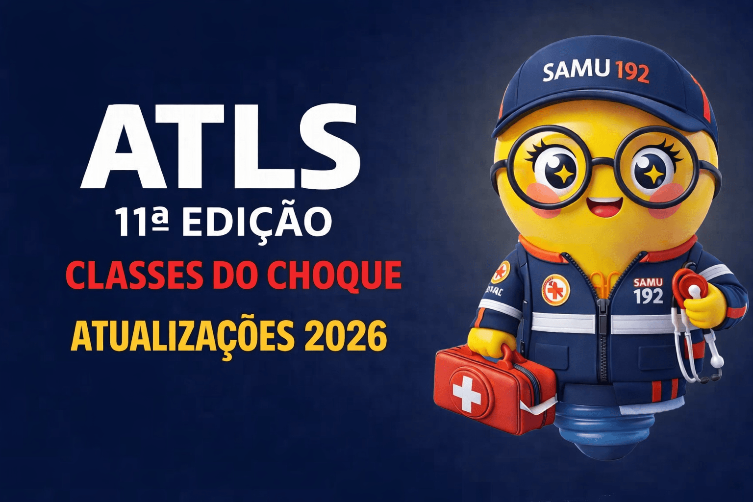 Banner digital com fundo azul escuro. À esquerda, em letras grandes brancas, está escrito “ATLS” e, abaixo, “11ª EDIÇÃO”. Logo abaixo, a frase “CLASSES DO CHOQUE” aparece em vermelho, e “ATUALIZAÇÕES 2026” em amarelo.  À direita, há um personagem em formato de lâmpada, com expressão alegre, usando óculos redondos e boné azul com a inscrição “SAMU 192”. Ele veste uniforme azul de atendimento de emergência com faixas refletivas e símbolo de cruz vermelha no braço. O personagem segura uma maleta vermelha de primeiros socorros com cruz branca e um estetoscópio. A composição tem estilo ilustrado, colorido e de aparência tridimensional.