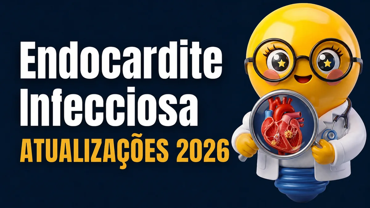 Banner digital em estilo moderno com fundo azul-escuro em degradê. À esquerda, há um texto grande em letras brancas escrito “Endocardite Infecciosa”. Logo abaixo, em letras amarelas destacadas, aparece “ATUALIZAÇÕES 2026”.  À direita, há uma personagem em formato de lâmpada amarela, com aparência fofa e brilhante, usando óculos redondos grandes, jaleco médico branco e estetoscópio. A personagem sorri e segura uma lupa. Dentro da lupa aparece a imagem detalhada de um coração humano avermelhado, com áreas sugestivas de infecção nas válvulas cardíacas, fazendo referência à endocardite infecciosa.  O estilo visual é semelhante a banners médicos educativos para redes sociais, com aparência tridimensional, cores vibrantes e temática acadêmica/medicina.