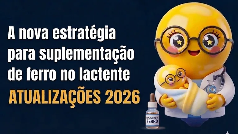 Um cartaz informativo 3D sobre suplementação de ferro em lactentes. À esquerda, o texto branco e amarelo diz: 'A nova estratégia para suplementação de ferro no lactente' e 'ATUALIZAÇÕES 2026'. À direita, uma lâmpada-médico amarela com óculos segura um bebê lâmpada. Um frasco de 'SUPLEMENTO DE FERRO' está no chão ao lado.