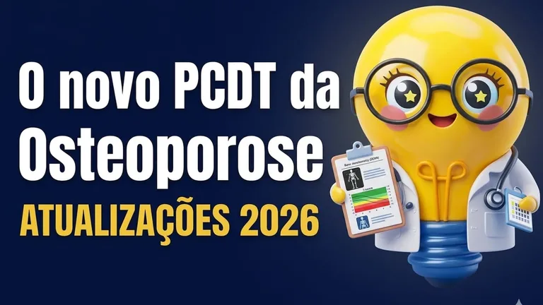 magem com fundo azul escuro em estilo moderno. À esquerda, há um título grande em letras brancas: “O novo PCDT da Osteoporose”. Logo abaixo, em destaque, aparece “ATUALIZAÇÕES 2026” em letras grandes amarelas.  À direita, há uma bonequinha estilizada de cor amarela, com formato arredondado e expressão amigável. Ela usa jaleco médico e segura um exame de densitometria óssea, que mostra um gráfico colorido. Na outra mão, segura um pequeno dispositivo de monitoramento. A composição transmite um contexto médico e educacional sobre atualização em osteoporose.
