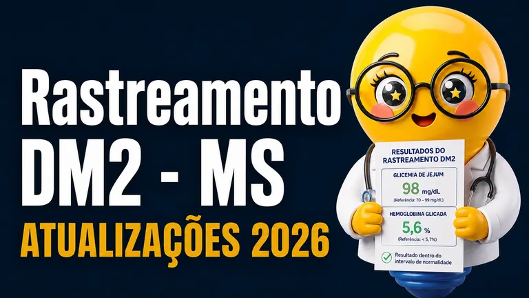 Banner em estilo moderno com fundo azul-escuro degradê. À esquerda, em letras grandes brancas, está escrito “Rastreamento DM2 - MS”, e abaixo, em amarelo vibrante, “Atualizações 2026”. À direita, aparece uma personagem em formato de lâmpada amarela com expressão alegre, usando óculos redondos, jaleco médico e estetoscópio. Ela segura um papel com resultados de rastreamento para diabetes tipo 2, incluindo valores de glicemia de jejum e hemoglobina glicada dentro da faixa de normalidade.