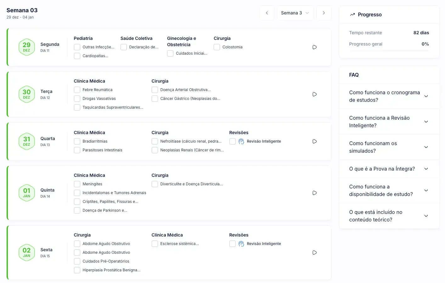 Lista de conteúdos para estudar na semana