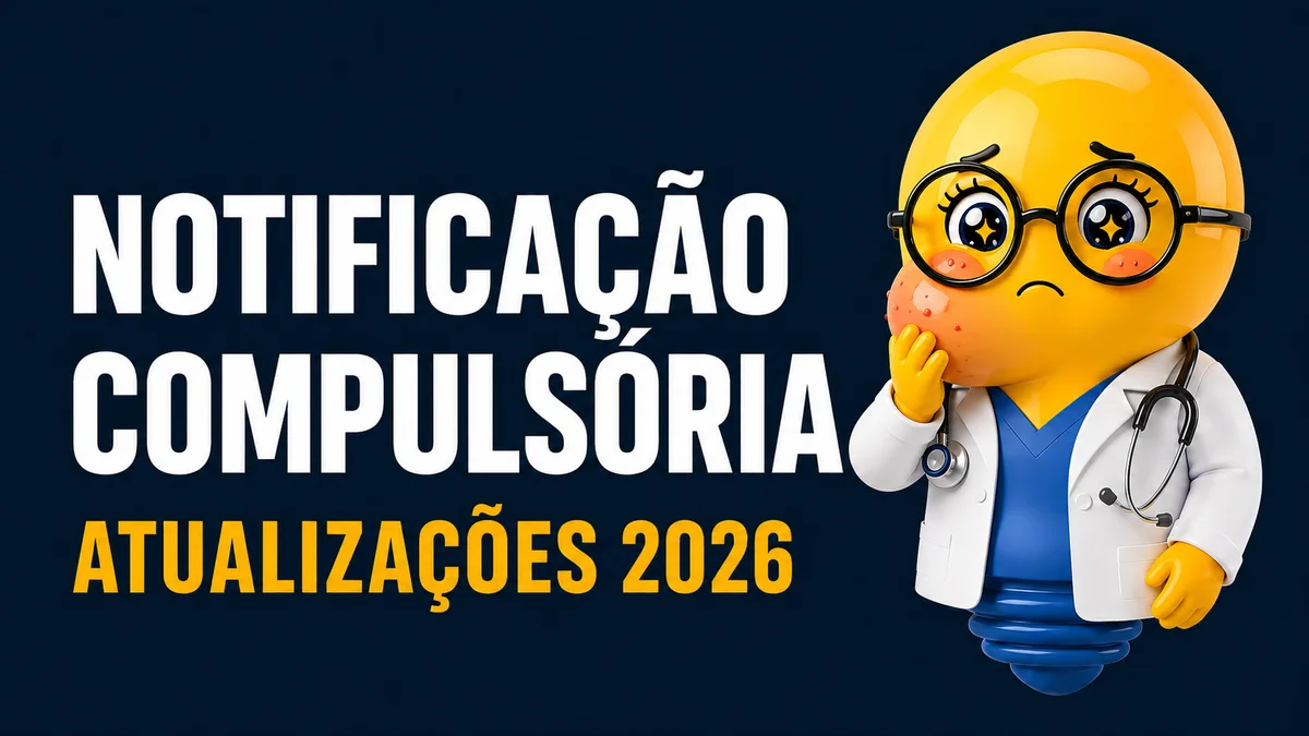 A imagem tem fundo azul-marinho escuro e apresenta, em destaque, o título “NOTIFICAÇÃO COMPULSÓRIA”, escrito em letras grandes, brancas e maiúsculas, ocupando a parte esquerda e central da composição. Logo abaixo, aparece a frase “ATUALIZAÇÕES 2026”, também em letras maiúsculas, porém na cor amarela-dourada.  No lado direito da imagem há uma personagem em estilo 3D, com aparência de uma pequena médica. Ela tem cabeça e corpo amarelos, olhos grandes e expressivos, usa óculos redondos de armação preta e veste um jaleco branco sobre uma roupa azul. Um estetoscópio preto está apoiado ao redor do pescoço. A personagem apresenta expressão de desconforto e preocupação, com uma das mãos encostada na região da bochecha. Essa região está avermelhada e apresenta várias pequenas manchas e lesões avermelhadas, representando visualmente o aspecto de uma pessoa doente.  A personagem está apoiada sobre uma base azul em formato semelhante ao de uma lâmpada, reforçando a estética de ilustração médica e educativa. A composição utiliza contraste entre o fundo azul-escuro, o texto branco e amarelo e a personagem colorida, com o título como principal elemento visual.