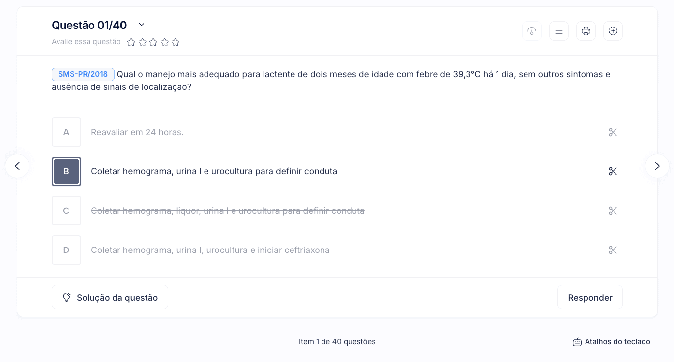 Interface de resolução de questões com atalhos e navegação rápida