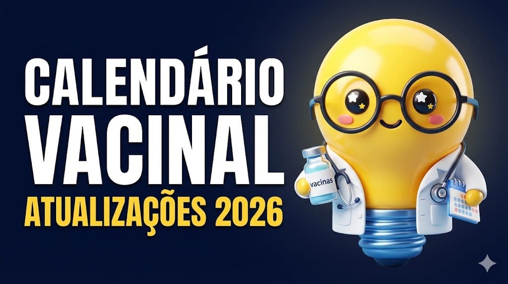 Fundo gradiente azul marinho escuro. No lado esquerdo, em letras grandes e em negrito, está o texto branco 'CALENDÁRIO VACINAL' e, logo abaixo, em texto amarelo, 'ATUALIZAÇÕES 2026'. No lado direito, há um personagem 3D de uma lâmpada amarela antropomórfica, redonda e brilhante. A lâmpada tem um rosto sorridente com bochechas rosadas, usa grandes óculos redondos pretos e um jaleco médico branco com um estetoscópio ao redor do pescoço. Ela segura um pequeno frasco de vidro com rótulo azul escrito 'vacinas' em uma mão e um pequeno ícone de calendário azul na outra.