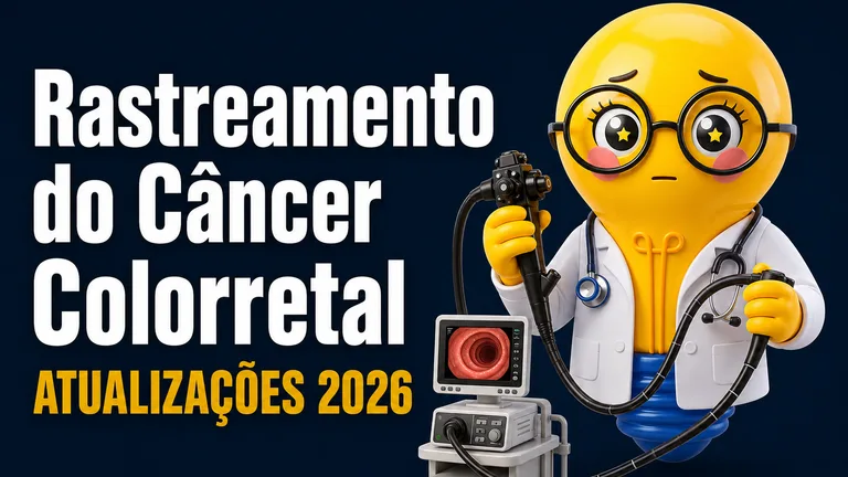 Banner com fundo azul-escuro. À esquerda, em letras grandes brancas, está escrito: "Rastreamento do Câncer Colorretal". Logo abaixo, em amarelo, lê-se "Atualizações 2026". À direita, há uma personagem em formato de lâmpada humanizada, vestindo jaleco branco, estetoscópio e óculos redondos. A personagem apresenta expressão de dúvida, com sobrancelhas levemente arqueadas e boca neutra, segurando um aparelho de colonoscopia conectado a um monitor que exibe a imagem do interior do intestino. Entre as abas do jaleco, no centro do peito, aparece o filamento característico de uma lâmpada. O conjunto tem estilo ilustrado em 3D, com aparência moderna e temática médica.