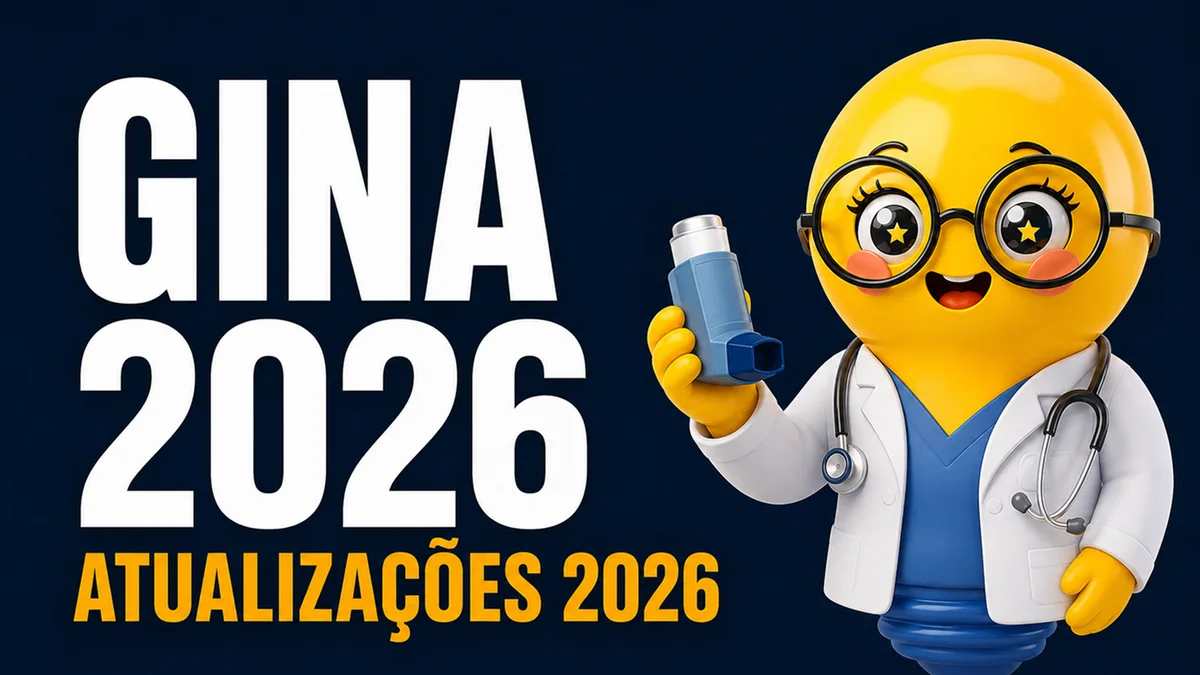 Miniatura com fundo azul-escuro em degradê. À esquerda, em letras grandes e brancas, está escrito “GINA 2026”. Logo abaixo, em letras grandes amarelas, aparece “ATUALIZAÇÕES 2026”. À direita, há uma personagem em estilo cartoon 3D: uma lâmpada amarela com rosto sorridente, olhos grandes brilhantes atrás de óculos redondos pretos, usando jaleco branco, roupa azul e estetoscópio. Ela segura na mão direita uma bombinha de asma (inalador pressurizado) azul, posicionada de forma destacada como o principal elemento visual relacionado ao tema. A personagem transmite uma expressão amigável e entusiasmada.