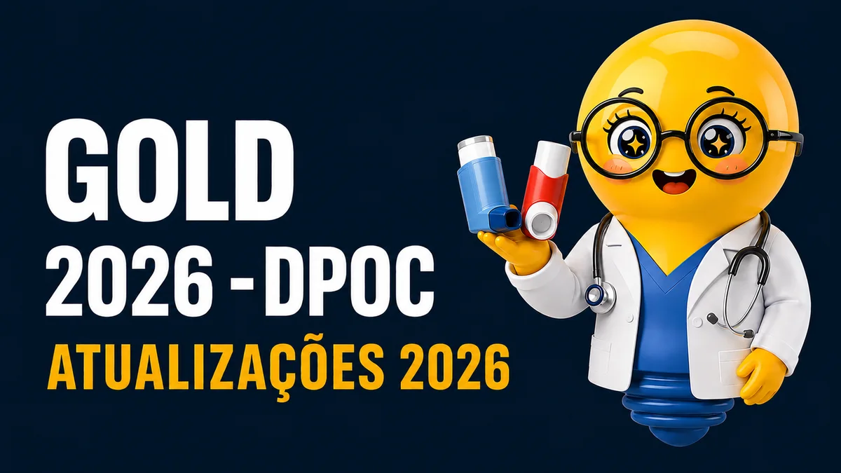 Imagem horizontal, com fundo em degradê azul-marinho escuro. À esquerda, há um texto grande, branco e em letras maiúsculas, organizado em duas linhas: “GOLD” e “2026 - DPOC”. Abaixo, em letras grandes amarelas, aparece “ATUALIZAÇÕES 2026”. À direita, há uma ilustração tridimensional de uma personagem amarela e arredondada, semelhante a uma carinha de emoji, representando uma médica. Ela usa óculos grandes e redondos de armação preta, com olhos grandes e brilhantes em formato de estrela. A personagem está sorrindo, sem nariz, e veste um jaleco branco sobre uma roupa azul, além de um estetoscópio preto e cinza ao redor do pescoço. Com uma das mãos, a personagem segura dois dispositivos inalatórios. O primeiro é predominantemente azul, com formato semelhante a um inalador pressurizado convencional e uma parte superior branca. O segundo é predominantemente vermelho e branco, com formato mais volumoso e arredondado na região inferior. Não há marcas ou nomes de medicamentos visíveis nos dispositivos.