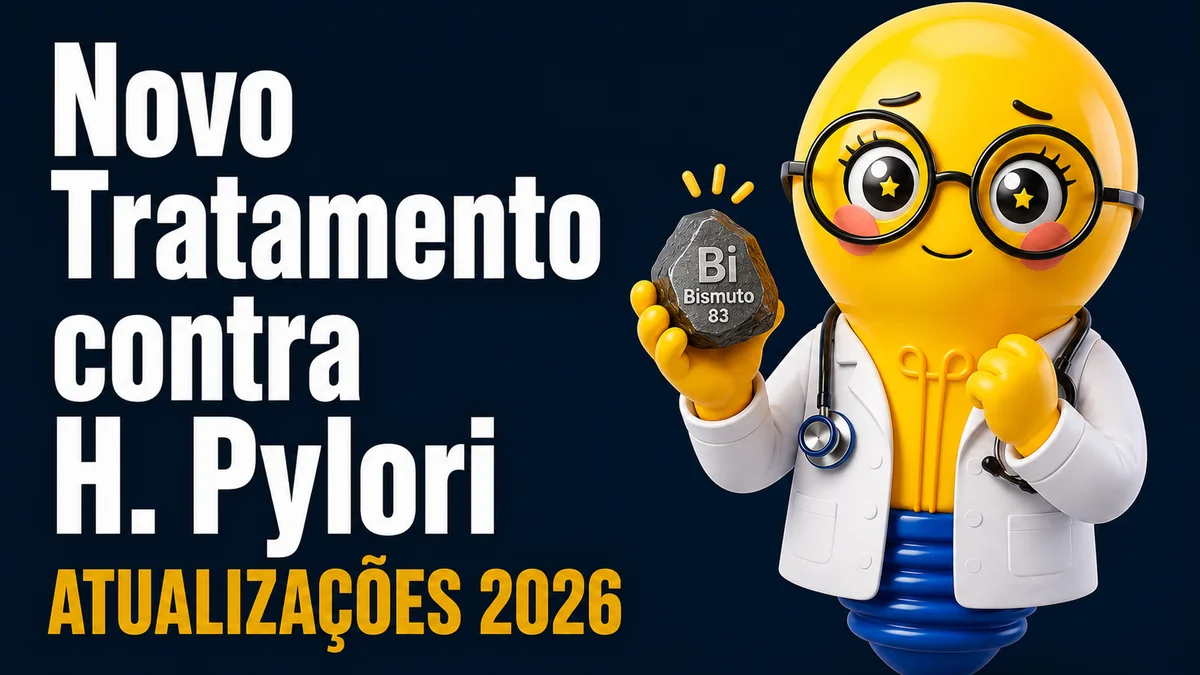 Banner com fundo em degradê azul-escuro. À esquerda, em letras grandes e brancas, está escrito: “Novo Tratamento contra H. Pylori”. Logo abaixo, em letras grandes amarelas, lê-se “ATUALIZAÇÕES 2026”. À direita, há uma personagem em formato de lâmpada amarela humanizada, vestindo jaleco branco e estetoscópio. Ela usa óculos redondos de armação preta e tem olhos grandes com brilho em forma de estrela. A expressão transmite esperança e confiança, com um leve sorriso e sobrancelhas suavemente arqueadas. Entre as abas abertas do jaleco aparece o filamento característico da lâmpada, visível na região do peito. Na mão esquerda, a personagem segura uma pedra escura representando o bismuto, com a inscrição “Bi Bismuto 83” em destaque. Acima da pedra há pequenos traços amarelos sugerindo que ela é um elemento importante ou uma novidade. A outra mão está fechada em um gesto de incentivo, próximo ao peito. A composição utiliza cores de alto contraste (azul, branco e amarelo), com estilo tridimensional e aparência moderna, remetendo a uma capa de vídeo ou material educativo sobre as atualizações de 2026 no tratamento da infecção por Helicobacter pylori.