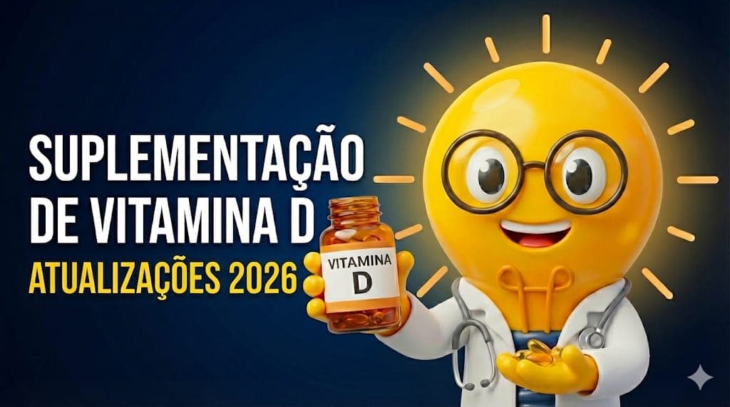 Banner escrito "Suplementação de Vitamina D Atualizações 2026", junto ao avatar da MEDsimple, LuzIA, segurando um frasco de comprimidos de Vitamina D.
