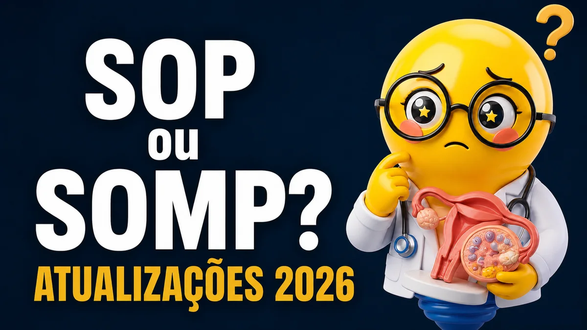 Miniatura com fundo azul-escuro em degradê. À esquerda, em letras grandes e brancas, está escrito: “SOP ou SOMP?”. Logo abaixo, em letras amarelas destacadas, aparece o texto “ATUALIZAÇÕES 2026”. À direita, há uma personagem em estilo 3D semelhante a um emoji amarelo vestido como médica, usando jaleco branco, estetoscópio e óculos redondos grandes. A personagem apresenta expressão de dúvida, com sobrancelhas arqueadas e boca levemente curvada para baixo. Uma das mãos está apoiada no rosto em gesto de reflexão. Ela segura um modelo anatômico do sistema reprodutor feminino, com destaque para os ovários e o útero, reforçando o tema relacionado à síndrome dos ovários policísticos. Acima da personagem há um grande ponto de interrogação amarelo, enfatizando a dúvida entre as siglas SOP e SOMP.