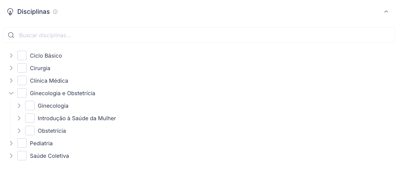 Filtro de disciplinas organizado por especialidades médicas